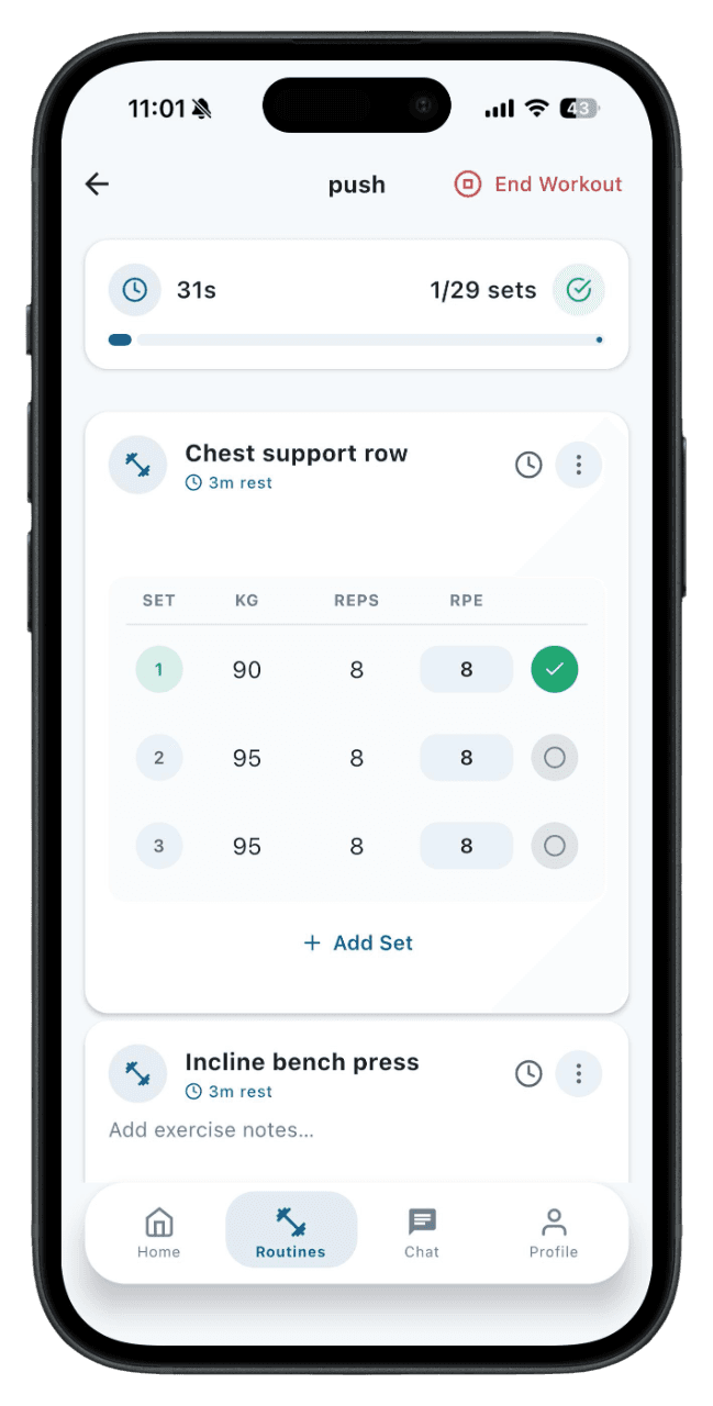 MyFitnessGoals mobile routine screen showing planned exercises